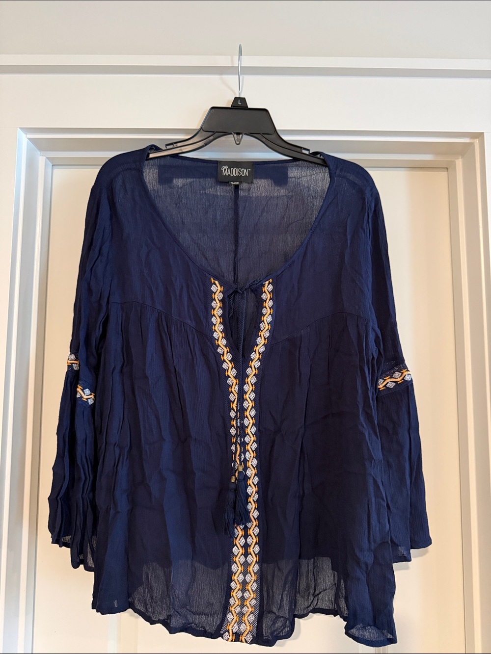 Madison Navy Embroidered V‑Neck Boho Blouse